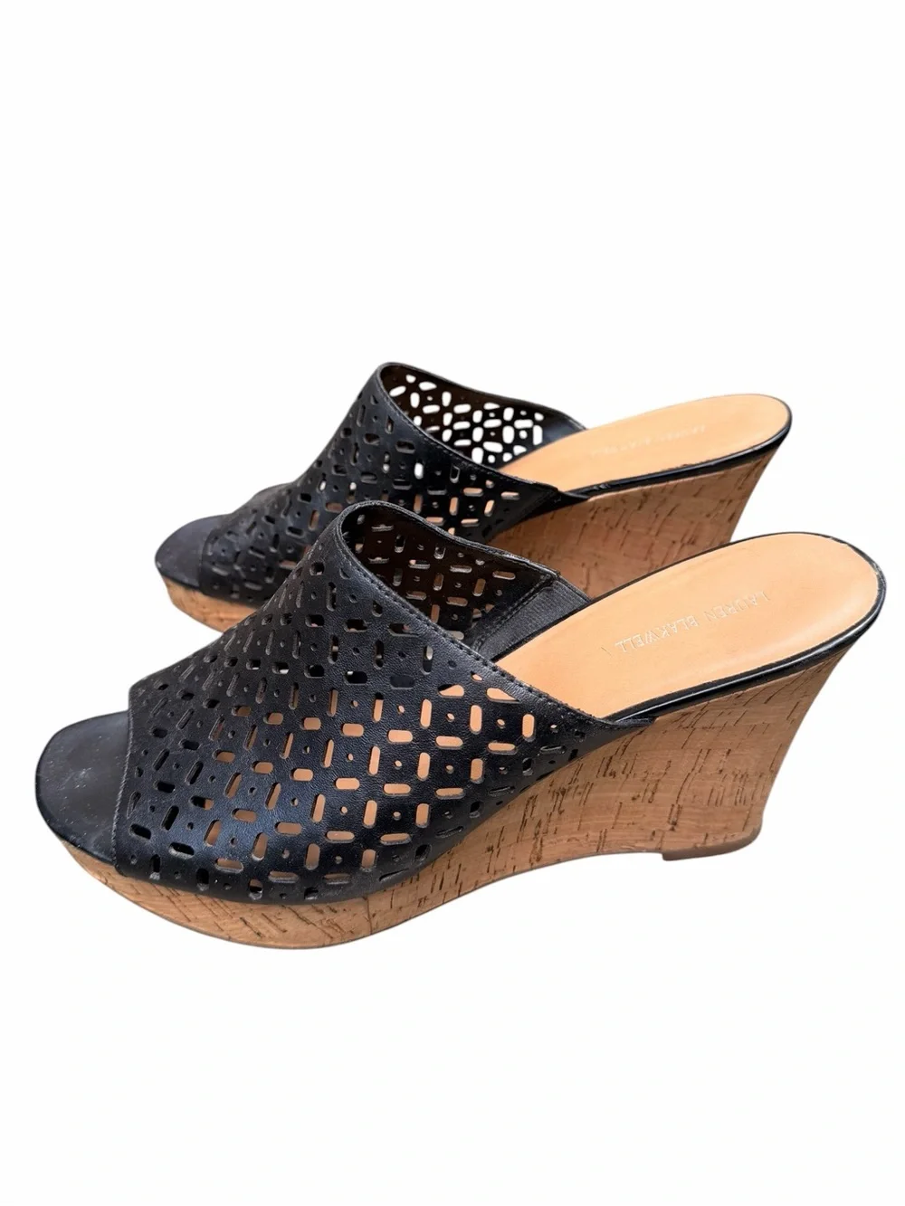 Lauren Blakwell Women’s 11 Black Ilene Perforated Cork Wedge Slide Sandals Boho